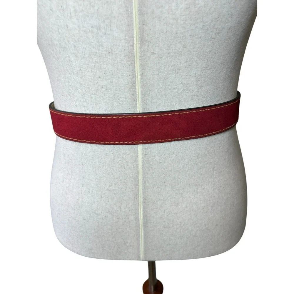 Vtg RED Contrast Stitch Belt Sculptural Buckle Size 34 Heritage 70's Americana